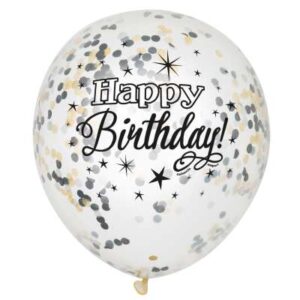 6 Balões látex com confettis Happy Birthday Preto