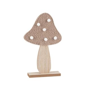 Cogumelo sobre base, madeira encaracolada e borlas, Taupe e Branco, 30x18cm