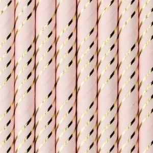 10 Palhinhas Rosa Claro com riscas Douradas